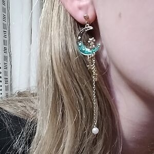 Elegant Gold and Green Crescent Moon Earrings